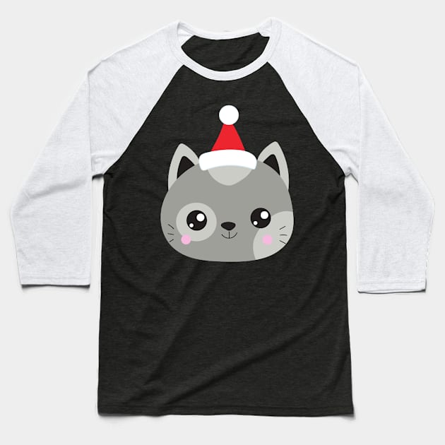 Christmas Cat, Santa Hat, Cat With Hat, Cute Cat Baseball T-Shirt by Jelena Dunčević